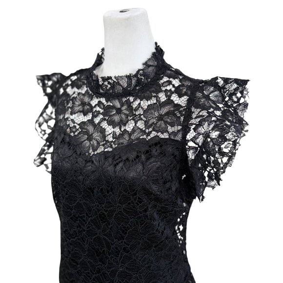 Enfocus Studio Black Floral Lace Cocktail Dress – Sheer Neckline & Ruffle Sleeve - Picture 3 of 8